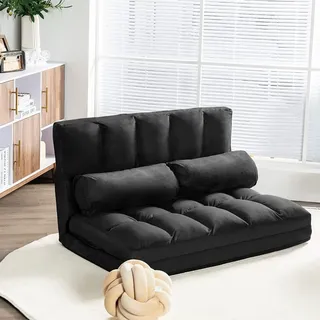 COSTWAY Schlafsofa mit 2 Kissen, Sofabett mit 6 stufig Verstellbarer Rücklehne, Lazy Sofa klappbar, Bodensofa für Schlafzimmer, Wohnzimmer und Balkon (Schwarz) - Schwarz