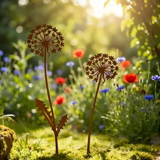 LingBaby Pusteblume Deko Gartendeko für Draußen Wetterfest Gartenstecker Frühlingsdeko Draussen 28cm - Metall - Blumenstecker Edelrost Löwenzahn - Balkon Deko, Gartendeko Rost