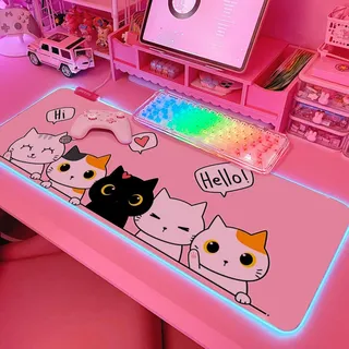 JMIYAV Cartoon Cat Kawaii RGB Gaming Mauspad Led Erweiterte Groß Cute Schreibtischunterlage Rutschfester Gummi XL Pink Gaming Mousepad Großes Mouse Pad Rosa Mouse Mat für Gamer 800x300 mm
