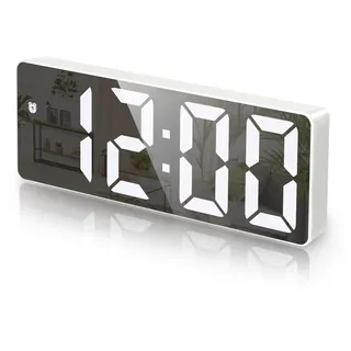 Criacr Digitaler Wecker, Spiegel mit LED-Display, elektronischer Wecker mit Snooze-Funktion, Wecker für Temperatur und Datum, Stromversorgung über USB/Akku, weißes Gehäuse und weiße Ziffern