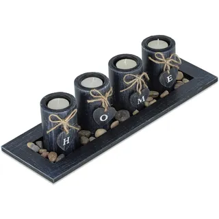 Relaxdays Teelichthalter Set mit Tablett & Steinen, 39,5 cm lang, Tischdeko Wohnzimmer, Kerzenhalter Home, schwarz