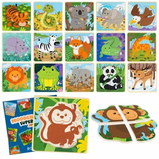 BONNYCO Pack 16 Holzpuzzle mit 4 Teilen als Mitgebsel Kindergeburtstag von 1 bis 5 Jahren. Ideen Mitbringsel für Gastgeschenke, Kinderspielzeug und Puzzle-Spiele für Babys