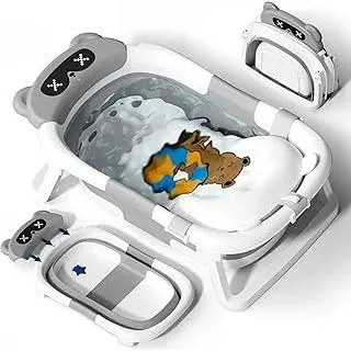 COOSEYA Baby Badewanne für 0-18 Monate, Faltbare Babybadewanne mit Weichem Polster und Temperaturempfindlichem Ablassventil, Ideale Babywanne für Neugeborene, Bär - Design (Grau)