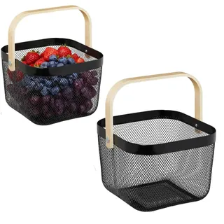 Korb mit Henkel 2er Set, Drahtkorb Metallkorb, Erntekorb Treppenkorb Eisen, kleiner Obstkorb hängend Körbe Küche Bad Garten18 x 24,5 x 24,5 cm,2 Stück(Schwarz)