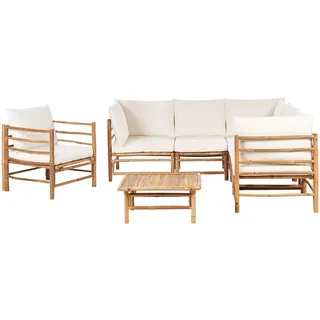 Beliani Lounge SET 6-Sitzer Bambusholz hellbraun 3-teilig Auflagen cremeweiß Cerreto , Creme , Holz , Gartenmöbel, Gartengarnituren, Gartenmöbel-Sets