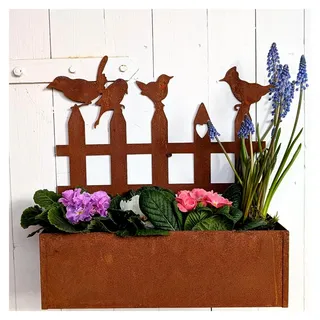 Pflanzkästen aus Metall im Edelrost-Look - 35,5 cm - Dekorative Blumenkästen mit Zaun und Vögeln - Eckiger Pflanztopf - Rostdeko für den Außenbereich