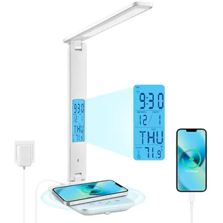 Schreibtischlampe LED Dimmable mit Uhr Desk Lamp 3 Colours und 5 Brightness Levels Eye-Friendly Bedside Lamp Kabellosem Laden und USB-Anschluss Smartphone Nachttischlampe Wireless Charger Tischleuchte