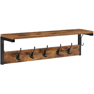 HOOBRO Wandgarderobe, Wandregal mit 7 Haken und Ablage, Hängeregal mit Garderobenleisten, Wandmontage, für Flur, Wohnzimmer, Küche, Dunkelbraun-Schwarz EBF16YM01