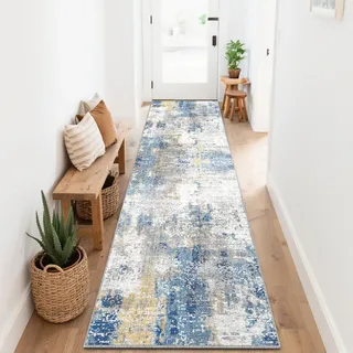SOANNY Teppich Läufer, Kurzflor rutschfest Superweich 80x300 cm, Blau-Beige | Modern Abstrakt, Superweich, Waschbar, Pflegeleicht, Für Flur Korridor Küche Bettumrandung Wohnzimmer Schlafzimmer Büro
