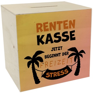 Rentenkasse - jetzt beginnt der Freizeitstress Spardose aus Holz als lustige Geschenkidee für den Renteneintritt von Kollegen und Großeltern mit Palmenmotiv