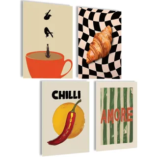 mojoliving Poster Kaffee Bilder Kaffee Bild Wandbilder für die Küche Poster Aesthetic Deko Küchenbilder Vintage Bilder Wohnzimmer Deko Küche (Amore Croissant, 4x A4 | ohne Rahmen)