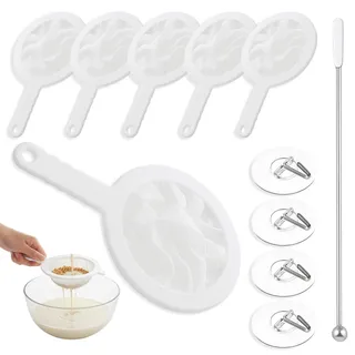 6 Stück Sieb Fein, Feines Sieb Küche Mit Griff, 400/200/100 Mesh Haarsieb Küche Mit 6 Haken und 1 Rührstab, Küchensieb Kunststoff, Plastiksieb Kefir, Passiersieb für Kefir, Saft, Milch und Kaffee