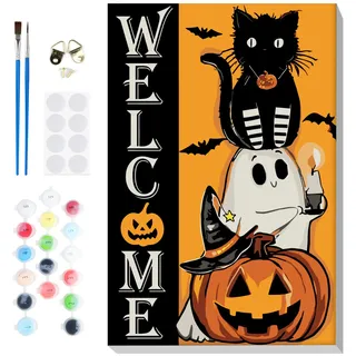 Lxmsja Willkommen Halloween Malen Nach Zahlen Erwachsene mit Rahmen, Malen Nach Zahlen Katze, Diy Set Erwachsene mit Pinseln und Acrylfarben Handgemalt Ölgemälde Leinwand für Home Décor, 20x30cm