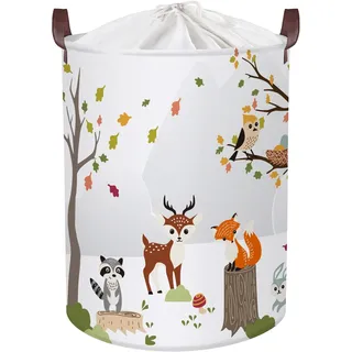 Clastyle Wildtiere Kinder Wäschekorb mit Henkel Baumzweige Kleidung Spielzeug Aufbewahrungskorb Jungen Mädchen Aufbewahrungsbox für Babyzimmer Bad, Hirsche Fuchs Waschbär, 36x45 cm