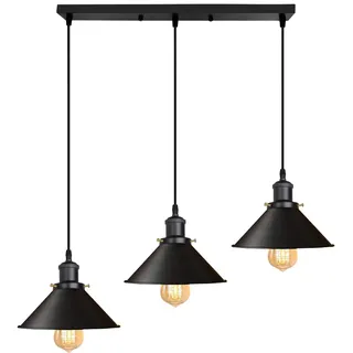 iDEGU 3-flammige Pendelleuchte Industrielle Hängelampe Stil Edison Vintage Pendellampe mit 22cm Metall Lampenschirm E27 Fassung Hängeleuchte für Esszimmer Küche Wohnzimmer (Balken, Ganz Schwarz)