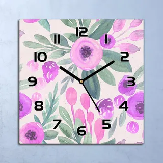 Wanduhr Echt-Glas-Küchenuhr Aquarell Rosa Blumen Quarz 30x30 Deko Bilder - Lila