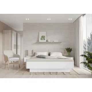 Forte »Rondino, Bett + 2 Nachttische+ LED, gepolstertes Kunstleder Kopfteil« Liegefläche 180x200cm, Gesamtmaße ca. 285 x 91.7 x 209cm, hochglanz), mit Sandeiche, wahlweise mit Bettbank,