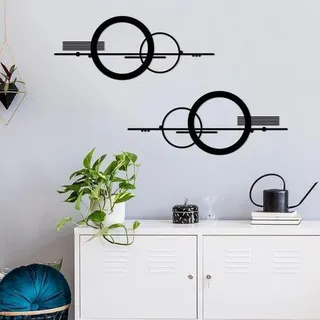 Ibenzoa® Set mit 2 abstrakten Metall-Wandskulpturen – 40 x 16 cm, geometrische Wanddeko für Zuhause & Büro, vormontierte Löcher + Schrauben - Schwarz