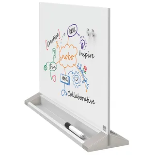 Nobo Glas-Whiteboard Freistehende Magnetische Desktop-Tafel, Beidseitig Beschriftbar, Trocken Abwischbar, Rahmenlos, Zuhause/Büro, 585 x 447 mm, Inkl. Markerstift und Magneten, Brilliant Weiß, 1905265