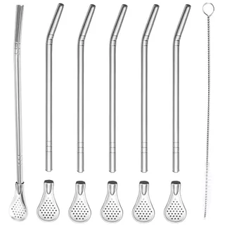 Edelstahl Trinkhalme Löffel, 6 Stück Strohhalme Löffel, Wiederverwendbare Filterlöffel, Trinklöffel, mit Reinigungsbürsten, für Tee, Kaffee, Zitronentee, Saft, Yerba Mate