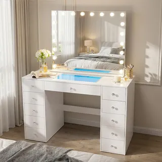VANITII Schminktisch mit Spiegel (Spiegelmaße: 100 cm x 80 cm), Glasplatte, elegantes modernes Design in weißer Ausführung - Weiß