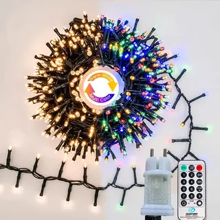 Gresonic 750 LEDs-Cluster-Lichterkette-Strombetrieb, Lichterketten 15 m, Warmweiß & Klassisch Bunt, für Innen Außen, 9 Modi, Timer, grünes Kabel, IP44 wasserdicht, Garten Weihnachtsbaum Hochzeit