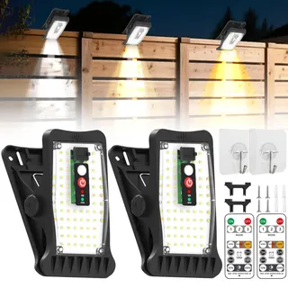 2 Stück Solarlampen für Außen, Clip-on Solarleuchten mit Bewegungsmelder, Wasserdichte Wandleuchte mit 70 LEDs und 3 Modi Farbtemperaturen, Solar Lampe mit Fernbedienung für Garten, Hof, Zaun