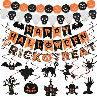 AhfuLife Halloween Deko Innen Set, Wiederverwendbare Halloweenparty Deko Indoor - Happy Halloween Dekoration Girlande Kinder Banner & Hängedeko, Halloweendeko für Gruse Party und Garten