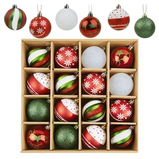 Weihnachtskugeln Rot Grün Weiß, Anstore 6 Designstile 6cm Christbaumkugeln Kunststoff Ornament mit Aufhänger, 16 Stück Weihnachtsbaumschmuck Bunt Set, Christbaumschmuck Thema Deko für Innen Aussen