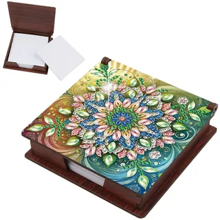 JICFDAO Diamond Painting Zettelbox 11x11cm Diamant Malerei Notizzettel Box Aufbewahrungsbox aus Holz Cube Notiz Box mit 160 Blättern Bürobedarf Organizer Mosaik Bilder Geschenk Handwerk Mandala Blumen