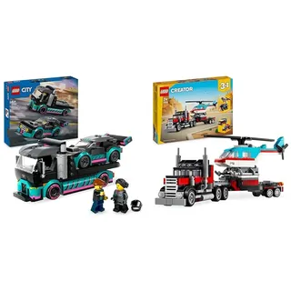 LEGO City Autotransporter mit Rennwagen, LKW-Spielzeug mit Verstellbarer Laderampe und Renn-Auto & Creator 3in1 Tieflader mit Hubschrauber, Fahrzeuge-Set mit Helikopter- und LKW-Spielzeug