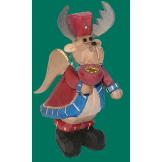Elch Engel mit Kerzenhalter geschnitzt Seiffen Erzgebirge Norwegen Schnee NEU