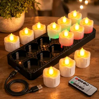 LED-Teelichter-Wiederaufladbare-Fernbedienung-Timerfunktion-Ladestation | 12er, Timer, Dimmbar, Flackernd, 100 Std, Aufladbare Elektrische Teelicht, Halloween Weihnachten Zimmer Party Deko, Warmweiß