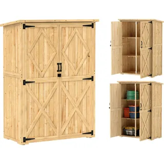 Outsunny Gartenschrank Holz, Geräteschuppen mit Abschließbar Doppeltür Asphalt-Dach Ablage für Garten, Terrasse, Naturholz