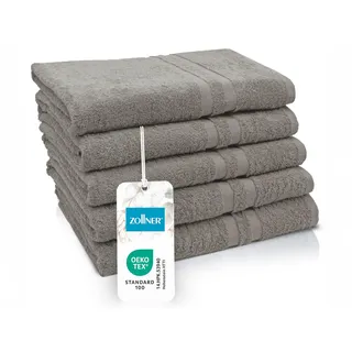 ZOLLNER 5er Set Duschtücher in 70x140 cm - Flauschige Badehandtücher aus Baumwolle - mit moderner Streifenbordüre - bis 60°C waschbar - mit praktischem Aufhänger - in Fango - Hotelqualität