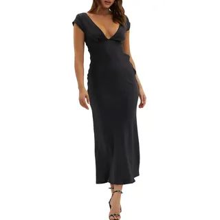 Halfisland Damen-Sommer-Maxikleid aus Satin, V-Ausschnitt, Flügelärmel, rückenfrei, elegant, gedrehter Ausschnitt, Midi-Kleid, Hochzeitsgäste, Schwarz, X-Klein