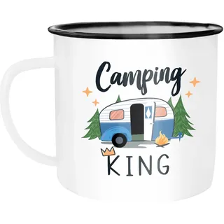MoonWorks® Emaille-Tasse Camping Queen King Wohnwagen Geschenk Camper Campingurlaub Zubehör Emaille-weiss-schwarz standard
