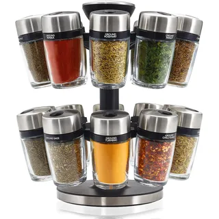 Cole & Mason Cambridge Gewürzregal mit 20 Gewürzgläsern, 360 Gewürzkarussell/Gewürzregal Stehend, Edelstahl/Glas, Gewürze/Kräuter enthalten