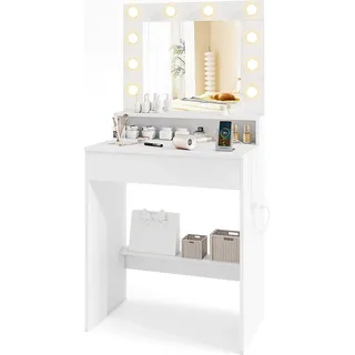 COSTWAY Schminktisch Frisiertisch mit LEDs, einstellbare Helligkeit, Ladestation, Spiegel, Schublade & offenem Fach, Kosmetiktisch weiß - Weiß