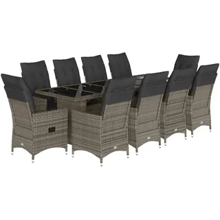 vidaXL 11-tlg. Garten-Bistro-Set mit Kissen Grau Poly Rattan - Grau