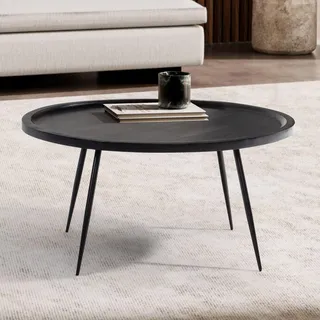 FineBuy Couchtisch Mango Massivholz rund Ø 75 cm Schwarz · Moderner Wohnzimmertisch mit Metallbeinen · Handgefertigter Sofatisch im Industrial Design - Schwarz