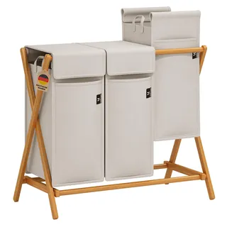 AdelDream Wäschekorb 3 Fächer 150L Bambus Wäschesammler Wäsche Sortiersystem X-förmige Wäschebox laundry baskets Wäschesortierer Hellgrau (150l Hellgrau)