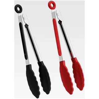 2-teiliges Küchenzangen-Set | Silikon-Küchenzangen für Grillen, Kochen und Servieren | Hitzebeständige Küchenzangen für Antihaft-Pfannen | BPA-freie Edelstahl-Küchenutensilien - Schwarz & Rot