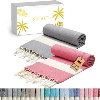 SOLTAKO Premium Hamamtuch Diamant Fouta 2er Set 100x200, Koralle/Grau | 100% Baumwolle mit Diamant-Muster, schnelltrocknend und saugfähig - auch als Saunatuch, Badetuch, Yogatuch oder Reisetuch