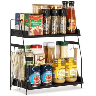 PUERSI Küchenregal Arbeitsplatte, 2 Tier kaffee Organizer, Holz Aufbewahrung & Organisation mit Haken, Küchenregal, Gewürzregal, Küchenschrank Organizer - Schwarz