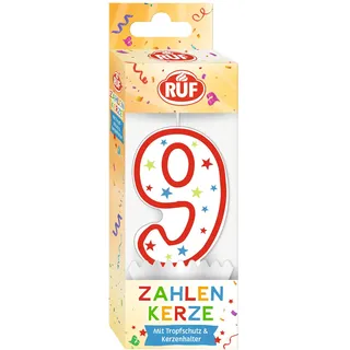RUF Zahlenkerze Nummer 9, rote Geburtstags-Kerze mit bunten Sternchen, hochwertige Jubiläums-Kerze mit Tropfschutz, ideal als Kuchen Deko, 1 Stück