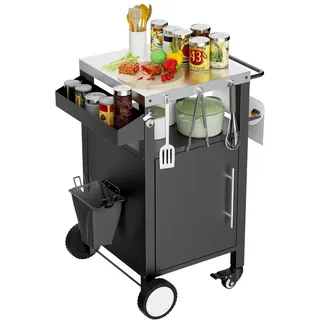 Grillwagen Schwarz mit Stauraum – rollbarer Barwagen & Grilltisch mit Haken & Gewürzregal für Grillzubehör, praktischer Servierwagen für Terrasse & Garten - Schwarz