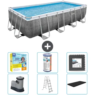 Bestway rechteckiges Power Steel-Schwimmbecken – Rattan-Druck – 549 x 274 x 122 – inklusive Pumpe – Leiter – Abdeckung Wartungspaket - Filter - Bodenfliesen