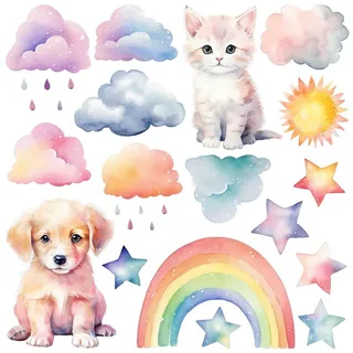 Wallfluent Wandaufkleber 130x177cm - Tiere Himmel Regenbogen , Multicolor , Kunststoff , Rechteckig , 130x177x0.1 cm , Tapeten & Wandverkleidungen, Wandtattoos & Sticker, Wandtattoos