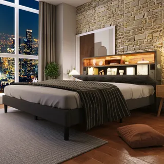 Flieks Polsterbett Massivholzbett 140x200cm mit Led und Kopfteil mit Stauraum, Doppelbett mit Lattenrost Jugendbett Ehebett - Grau